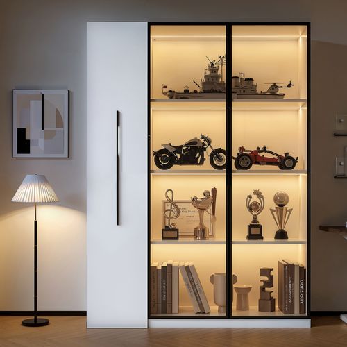 Vitrine LED 110,5x35x160 Cm, Armoire à Roulettes Avec Tiroir Latéral, 4 Niveaux, Mdf, Blanc