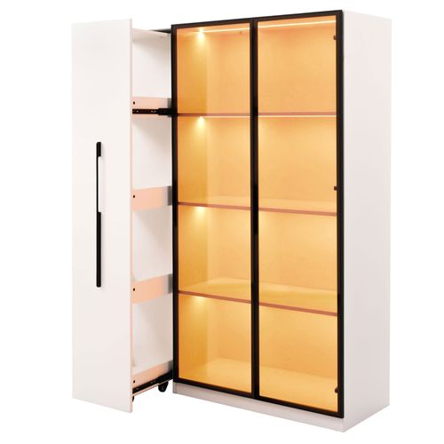 Vitrine LED 110,5x35x160 Cm, Armoire à Roulettes Avec Tiroir Latéral, 4 Niveaux, Mdf, Blanc