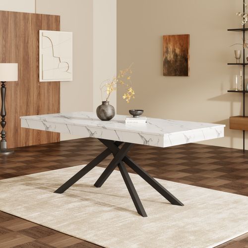 Table Extensible 140/180x80x76cm, Pour 6 à 8 Personnes, Plateau Épais 93 Mm, Mdf, Couleur Blanc+noir