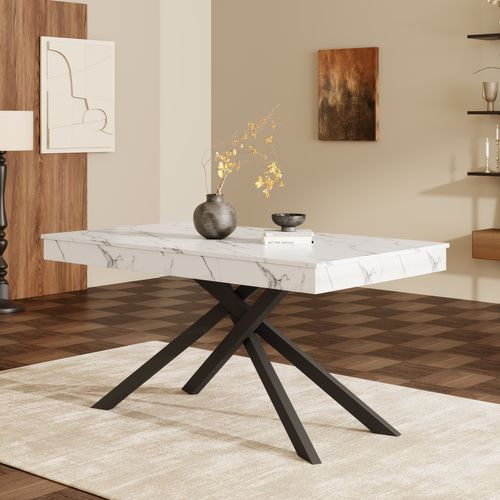 Table Extensible 140/180x80x76cm, Pour 6 à 8 Personnes, Plateau Épais 93 Mm, Mdf, Couleur Blanc+noir