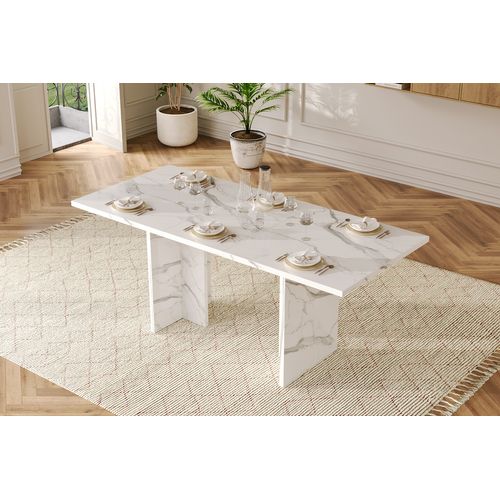Table Extensible 140/180x80x75 Cm, Plateau 30 Mm, Pieds En T, Motif Marbre, Mdf, Couleur Blanc