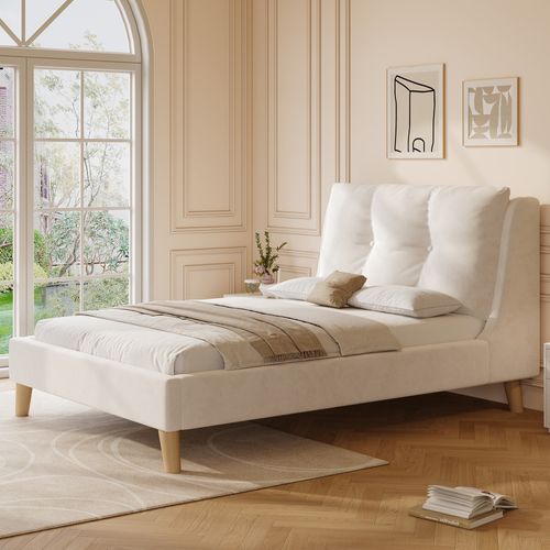 Lit Enfant 90x200 Cm, Tête Réglable Avec Coussin Intégré Et Espace De Rangement, Velours Beige