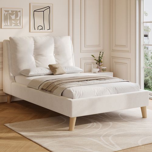 Lit Enfant 90x200 Cm, Tête Réglable Avec Coussin Intégré Et Espace De Rangement, Velours Beige