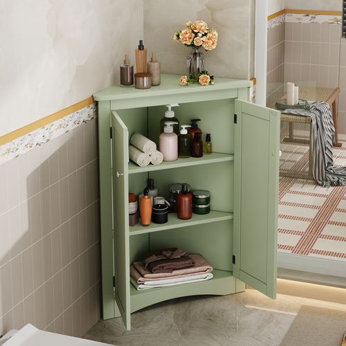 Meuble D'angle 61,5x90 Cm, Armoire 2 Portes Triangulaire Avec 3 Niveaux, Mdf Laqué, Vert