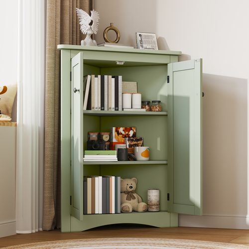 Meuble D'angle 61,5x90 Cm, Armoire 2 Portes Triangulaire Avec 3 Niveaux, Mdf Laqué, Vert