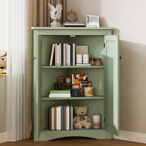 Meuble D'angle 61,5x90 Cm, Armoire 2 Portes Triangulaire Avec 3 Niveaux, Mdf Laqué, Vert