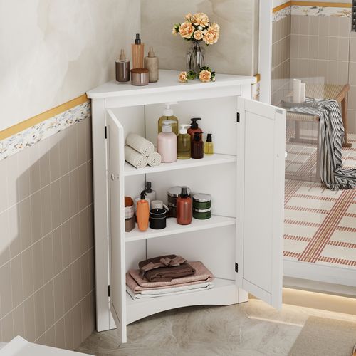 Meuble D'angle 61,5x90 Cm, Armoire 2 Portes Triangulaire Avec 3 Niveaux, Mdf Laqué, Blanc