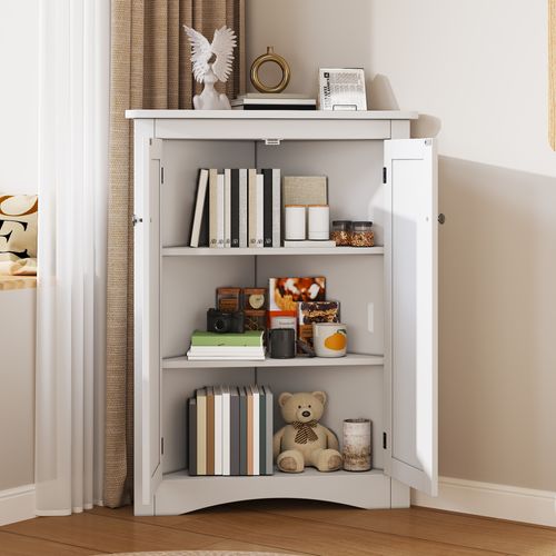 Meuble D'angle 61,5x90 Cm, Armoire 2 Portes Triangulaire Avec 3 Niveaux, Mdf Laqué, Blanc