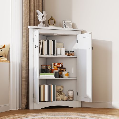 Meuble D'angle 61,5x90 Cm, Armoire 2 Portes Triangulaire Avec 3 Niveaux, Mdf Laqué, Blanc