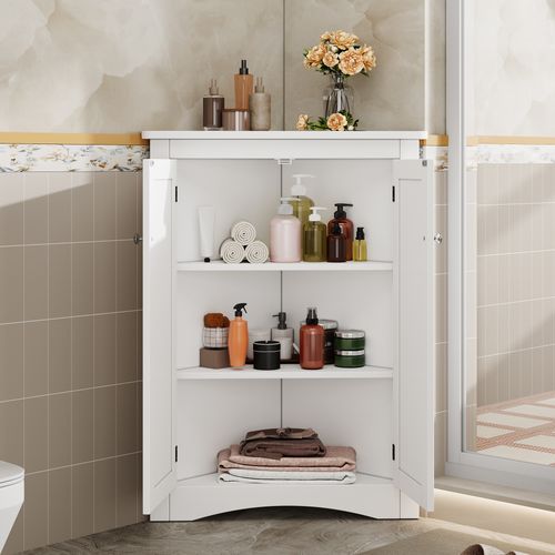 Meuble D'angle 61,5x90 Cm, Armoire 2 Portes Triangulaire Avec 3 Niveaux, Mdf Laqué, Blanc