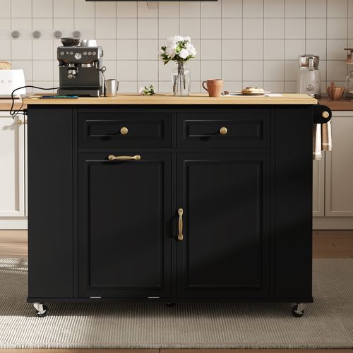 Îlot De Cuisine 120x40-70x91,5 Cm, Plateau Extensible Avec Prises Et Roulettes, Mdf, Noir+bois