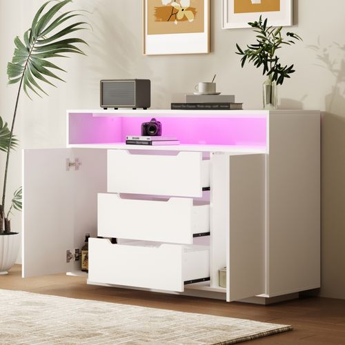 Buffet 120x40x85 Cm, Rangement Multifonction Avec LED, Trois Tiroirs Et Portes, Panneau Mdf, Blanc