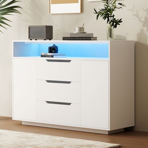 Buffet 120x40x85 Cm, Rangement Multifonction Avec LED, Trois Tiroirs Et Portes, Panneau Mdf, Blanc