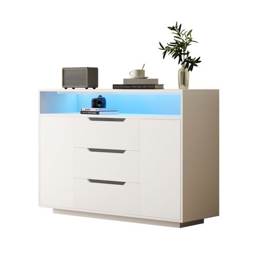 Buffet 120x40x85 Cm, Rangement Multifonction Avec LED, Trois Tiroirs Et Portes, Panneau Mdf, Blanc
