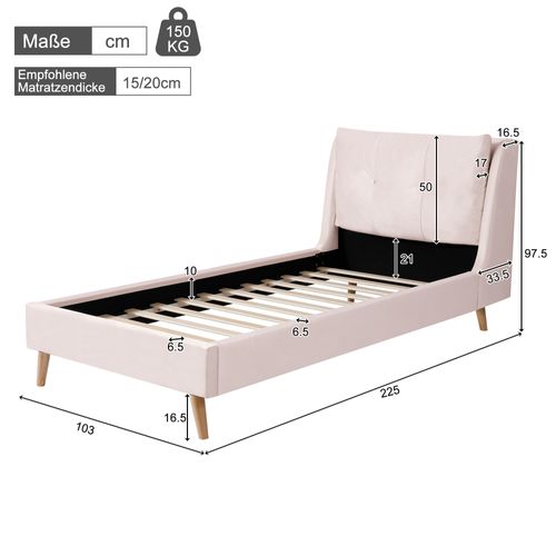 Lit Enfant 90x200 Cm, Tête De Lit Avec Coussin 17 Cm Réglable, Rangement Sous Le Lit, Velours, Rose