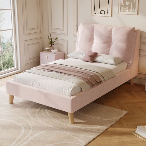 Lit Enfant 90x200 Cm, Tête De Lit Avec Coussin 17 Cm Réglable, Rangement Sous Le Lit, Velours, Rose