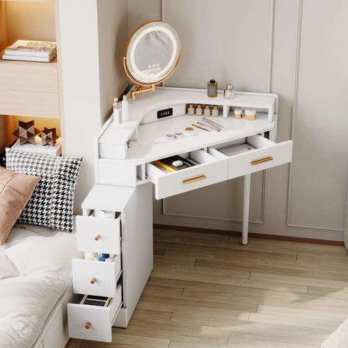 Coiffeuse D'angle 75x75x120 Cm, Miroir LED Réglable, 5 Tiroirs, Panneau De Particules, Blanc+doré
