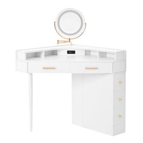 Coiffeuse D'angle 75x75x120 Cm, Miroir LED Réglable, 5 Tiroirs, Panneau De Particules, Blanc+doré