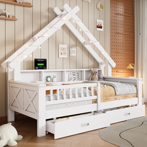 Lit Enfant Cabane 90x200 Cm, LED, 2 Tiroirs, 4 Niches, Structure En Pin Et Mdf, Couleur Blanc