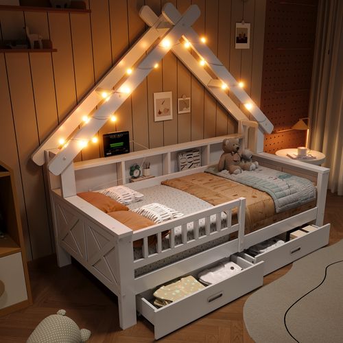 Lit Enfant Cabane 90x200 Cm, LED, 2 Tiroirs, 4 Niches, Structure En Pin Et Mdf, Couleur Blanc