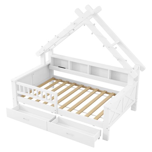 Lit Enfant Cabane 90x200 Cm, LED, 2 Tiroirs, 4 Niches, Structure En Pin Et Mdf, Couleur Blanc