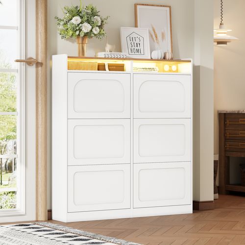 Meuble à Chaussures 120x24x130 Cm, 6 Portes, LED, Mdf, Blanc Et Naturel, Compact