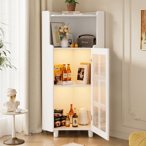 Meuble D'angle 63,5x124 Cm, Éclairage LED Pilotable Par Application, Rangement 2 En 1, Mdf , Blanc