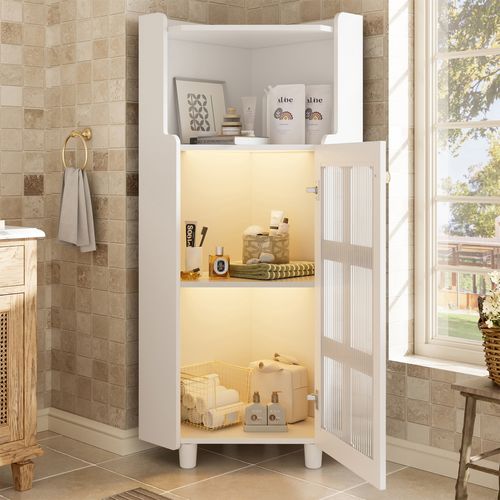 Meuble D'angle 63,5x124 Cm, Éclairage LED Pilotable Par Application, Rangement 2 En 1, Mdf , Blanc