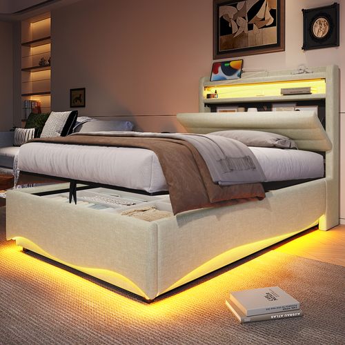 Lit Coffre 90x200 Cm, LED Pilotable Et Ports USB Et Type-c, Rangement Caché, Lin, Métal, Beige