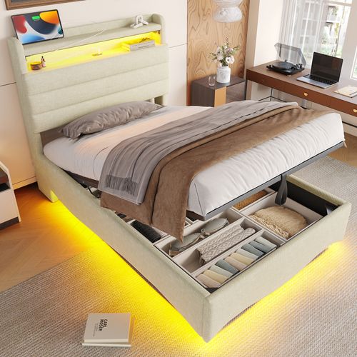 Lit Coffre 90x200 Cm, LED Pilotable Et Ports USB Et Type-c, Rangement Caché, Lin, Métal, Beige
