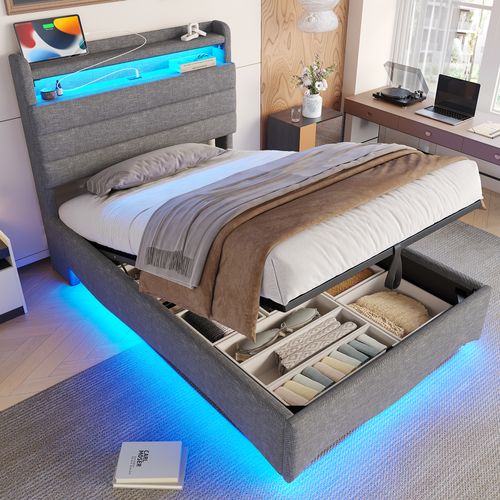 Lit Coffre 90x200 Cm, Éclairage LED, Rangement Caché, Ports USB Et Type-c, Métal, Mdf, Lin, Gris