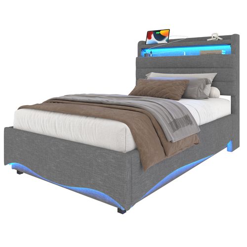 Lit Coffre 90x200 Cm, Éclairage LED, Rangement Caché, Ports USB Et Type-c, Métal, Mdf, Lin, Gris