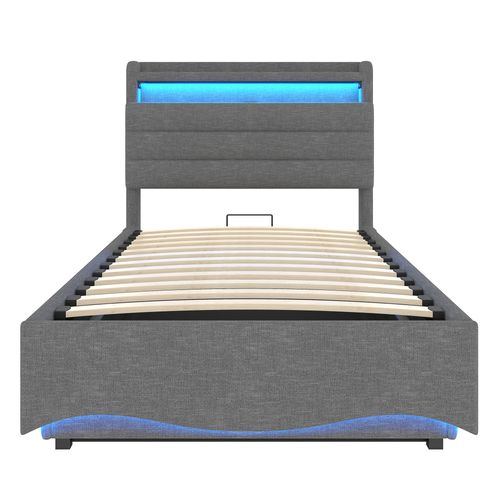 Lit Coffre 90x200 Cm, Éclairage LED, Rangement Caché, Ports USB Et Type-c, Métal, Mdf, Lin, Gris