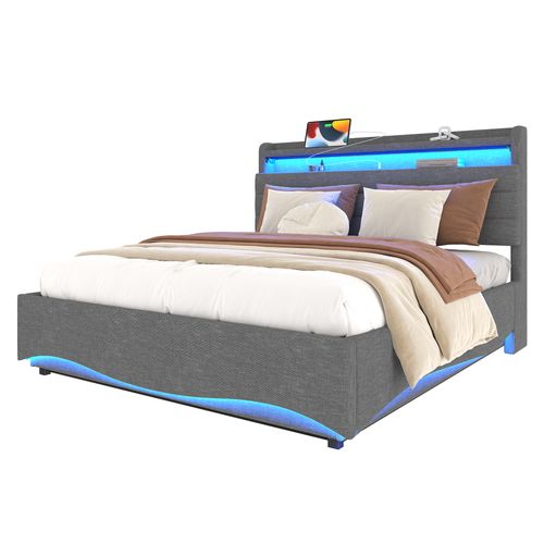 Lit Coffre 140x200 Cm, LED Pilotable Par Application, Tête De Lit Avec Rangement, Métal, Lin, Gris