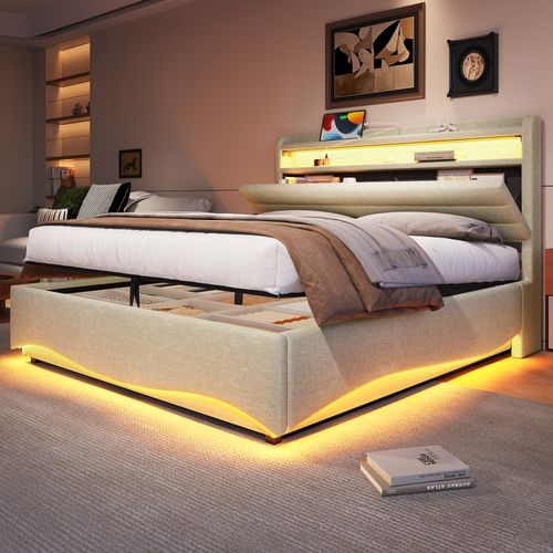 Lit Coffre 140x200 Cm, LED, Tête De Lit Avec Rangement, Tissu En Lin Beige, USB Et Type C