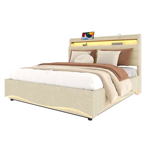 Lit Coffre 140x200 Cm, LED, Tête De Lit Avec Rangement, Tissu En Lin Beige, USB Et Type C