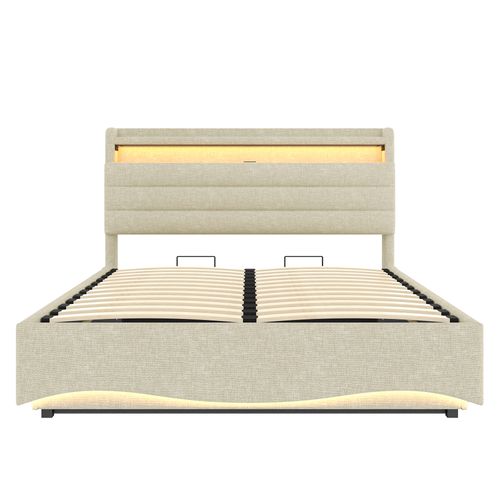 Lit Coffre 140x200 Cm, LED, Tête De Lit Avec Rangement, Tissu En Lin Beige, USB Et Type C