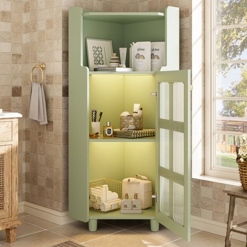 Meuble D'angle 63,5x124 Cm, Éclairage LED Pilotable Par Application, Rangement 2 En 1, Mdf , Vert