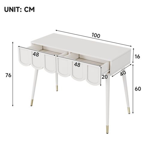 Coiffeuse 100x40x76cm, 2 Tiroirs, Convertible Bureau, Mdf, Panneau De Particules, Pieds Métal, Blanc