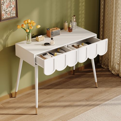 Coiffeuse 100x40x76cm, 2 Tiroirs, Convertible Bureau, Mdf, Panneau De Particules, Pieds Métal, Blanc