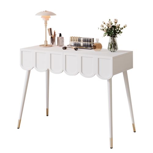 Coiffeuse 100x40x76cm, 2 Tiroirs, Convertible Bureau, Mdf, Panneau De Particules, Pieds Métal, Blanc