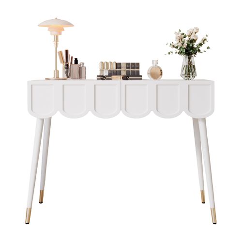 Coiffeuse 100x40x76cm, 2 Tiroirs, Convertible Bureau, Mdf, Panneau De Particules, Pieds Métal, Blanc