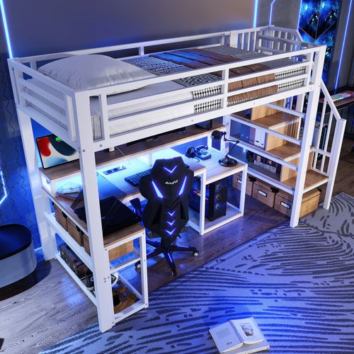 Lit Mezzanine 90x200 Cm, Escalier Avec Rangements, Bureau, Métal Et Mdf, Blanc, LED Et USB