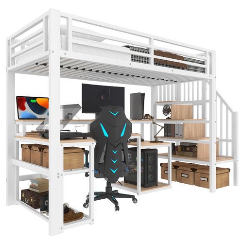 Lit Mezzanine 90x200 Cm, Escalier Avec Rangements, Bureau, Métal Et Mdf, Blanc, LED Et USB