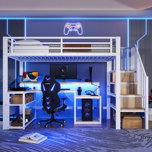Lit Mezzanine 90x200 Cm, Escalier Avec Rangements, Bureau, Métal Et Mdf, Blanc, LED Et USB