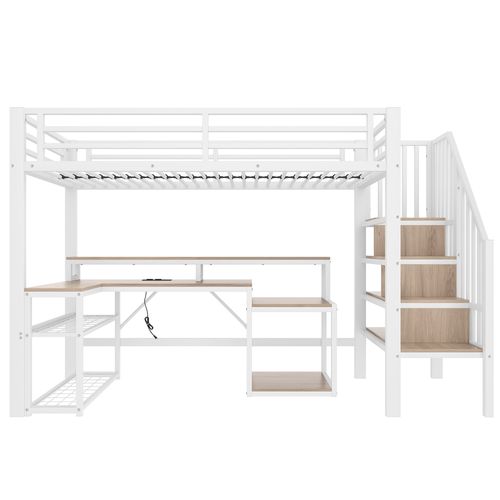 Lit Mezzanine 90x200 Cm, Escalier Avec Rangements, Bureau, Métal Et Mdf, Blanc, LED Et USB