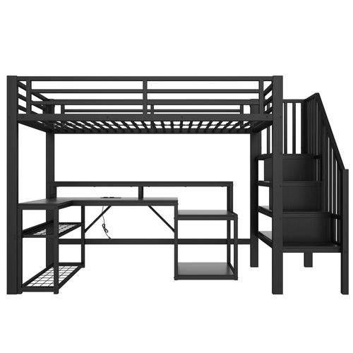 Lit Mezzanine 90x200 Cm, Bureau, LED Pilotable, Escalier De Rangement, Métal, Mdf, Noir