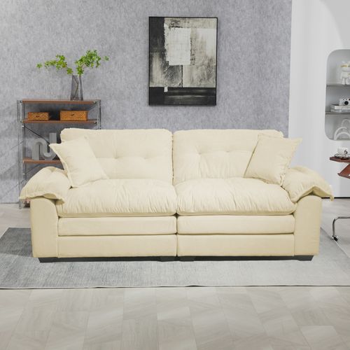 Canapé 2 Places 213.4x90.1x87.6 Cm, Assise Profonde, Tissu Chenille, Bois, Beige