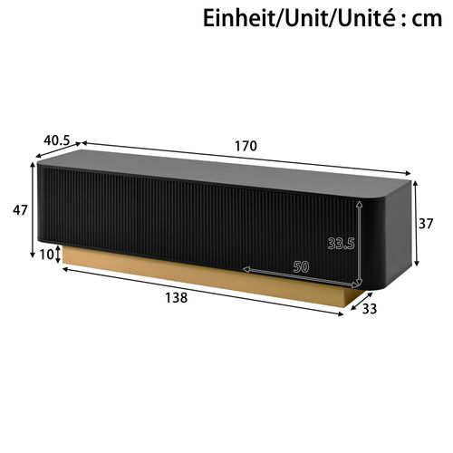Meuble TV 170 X 40,5 X 47 Cm, Grand Rangement, 3 Portes, Mdf Et Panneau De Particules, Noir+doré