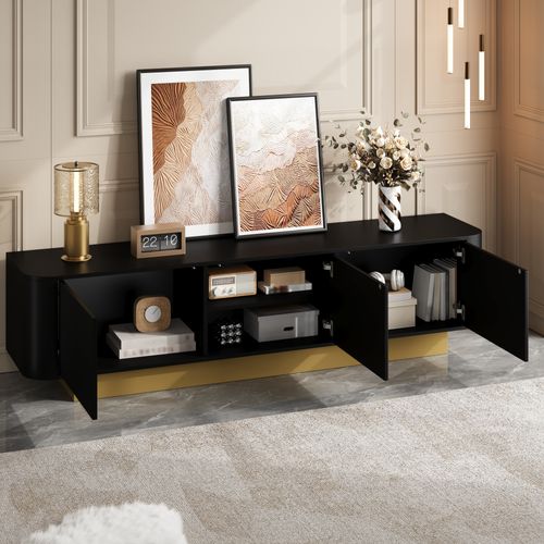 Meuble TV 170 X 40,5 X 47 Cm, Grand Rangement, 3 Portes, Mdf Et Panneau De Particules, Noir+doré